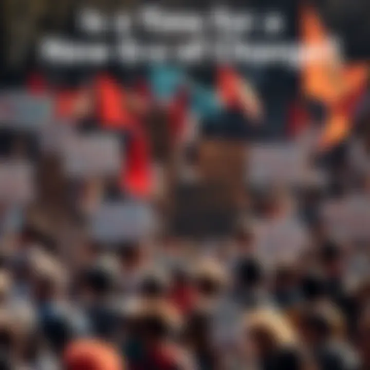 A diverse group of people holding signs and banners, united in a call for social change and collective action.