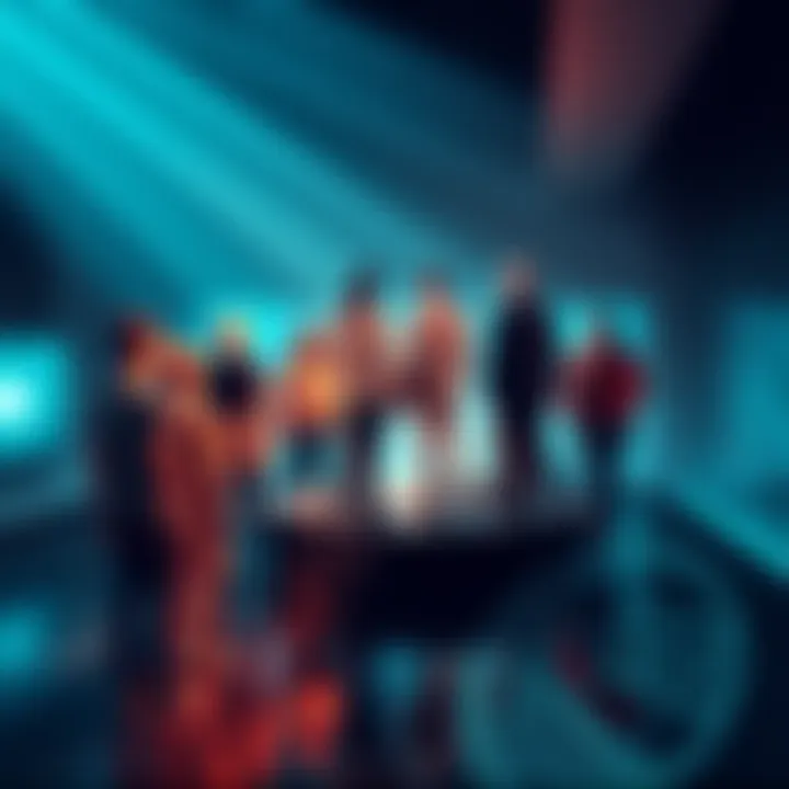 A diverse group of individuals standing in a circle, engaging in discussion and connection, representing group dynamics.