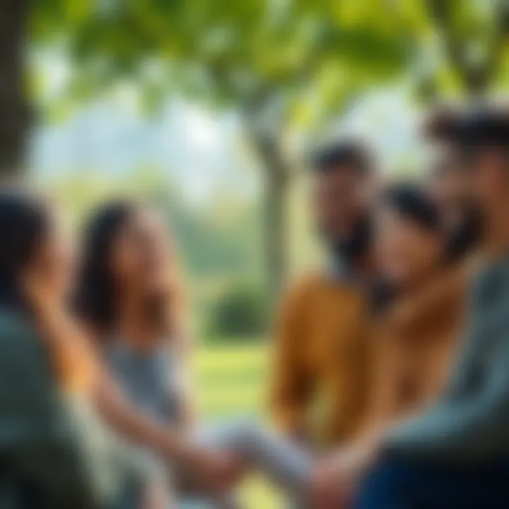 People Laughing Together A group of friends laughing and enjoying a casual conversation in a park setting.