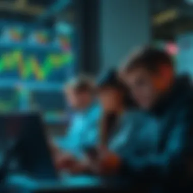 A group of people observing Bitcoin price charts on laptops and phones, showing curiosity and concern about cryptocurrency