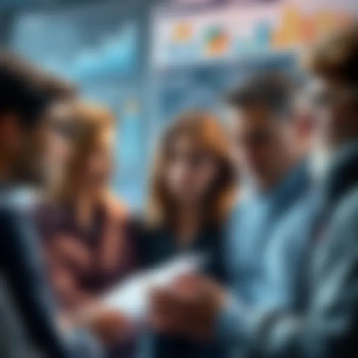 A group of people discussing options and choices with serious expressions, surrounded by charts and data.