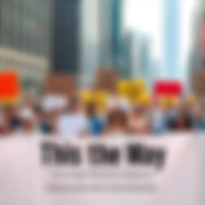 A diverse group of people holding banners and signs, advocating for social and technological progress in a vibrant city setting.