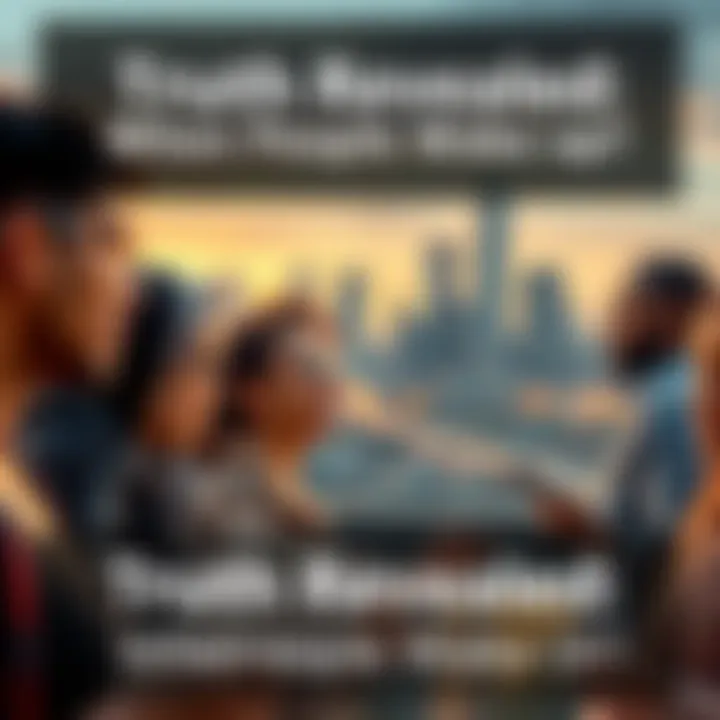 A group of diverse people engaging in conversation, looking thoughtful about societal issues, with a city skyline in the background.