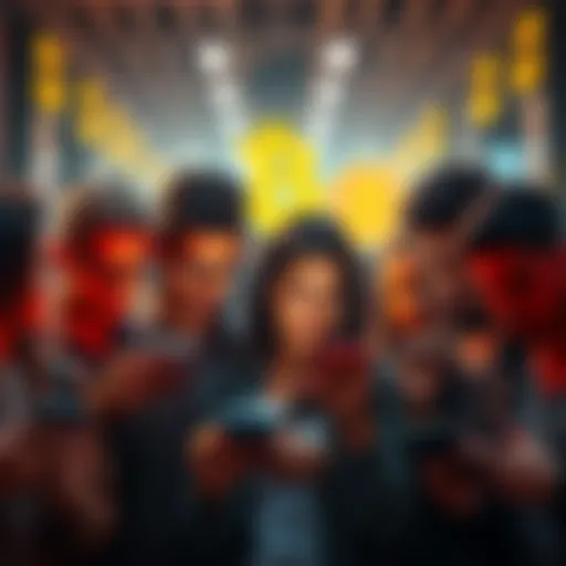 A group of people looking worried while checking Bitcoin prices on their phones during a market dip.