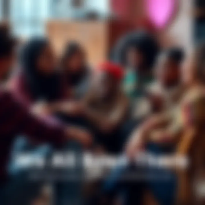 A group of diverse individuals sharing personal stories and experiences, sitting together in a circle, smiling and engaged in conversation.