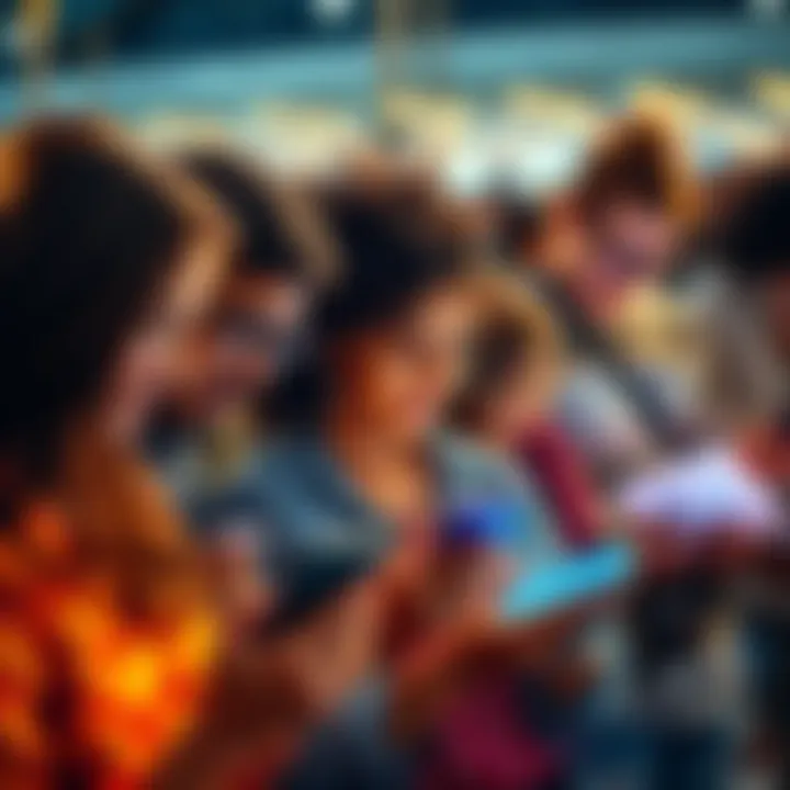 A diverse group of people engaging with financial apps on their smartphones, showcasing the rise of unbanking and digital finance.