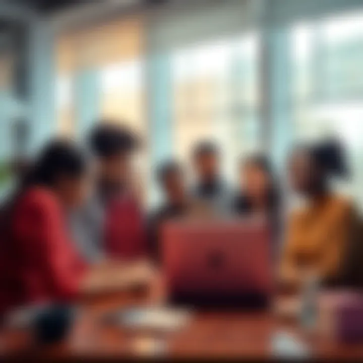 People using Solana blockchain A group of diverse people gathered around a laptop discussing Solana blockchain, showcasing its speed and affordability in a modern setting.