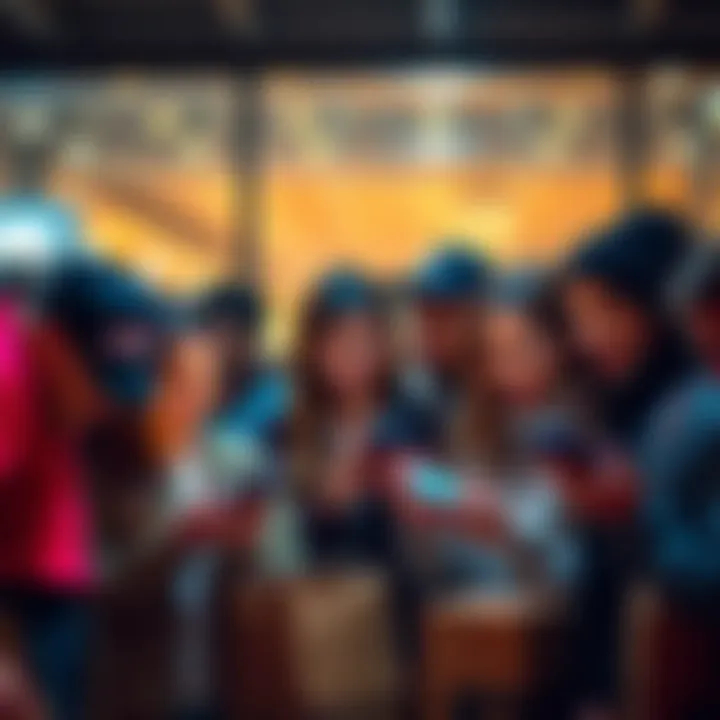 A group of people looking excited as they check their phones for package tracking updates, expressing hopes for their orders to arrive soon.