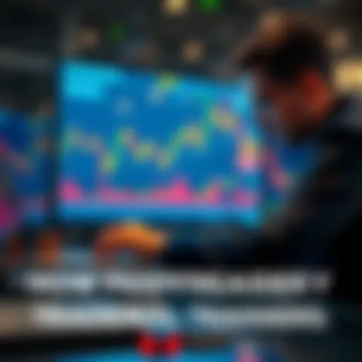 A trader analyzing a digital financial chart on a laptop, focusing on 24/7 pricing trends with graphs showing price fluctuations.