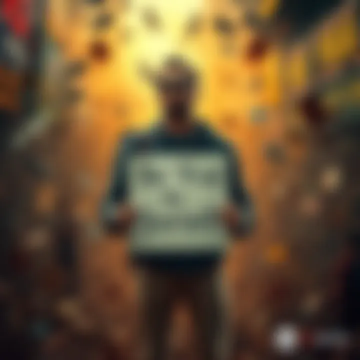 A person stands amidst a chaotic background, holding a sign that says 'Be True to Yourself', symbolizing a call for authenticity in tough times.