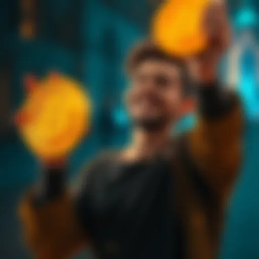 Person smiling and holding a bitcoin symbol in celebration of reaching 1.01 BTC