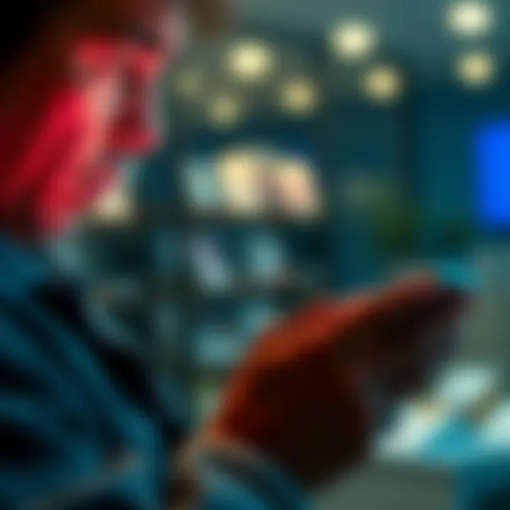 Person Checking Bank App Individual looking at a mobile banking app with surprised expression after seeing a charge, possibly disputing a transaction.