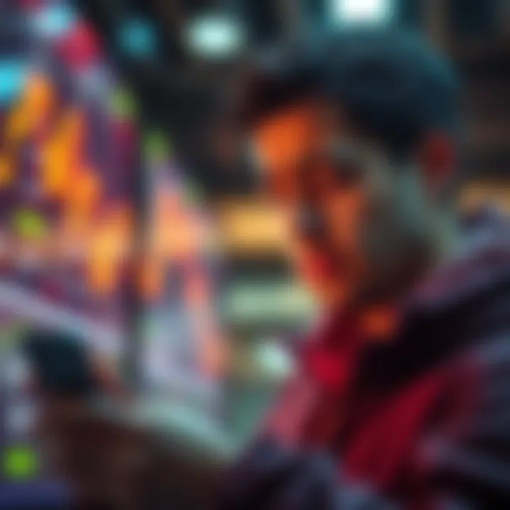 A person looking at a stock market chart on their phone with a concerned expression, hoping for a dip before payday.