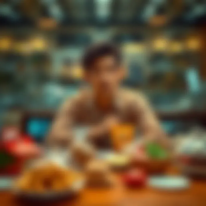 Person Choosing Favorites A person sitting at a table with various items, looking thoughtful while deciding on a favorite item