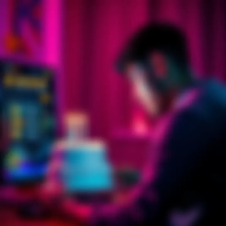 Person considering investment A person looking at a computer screen with Pepe Coin graphics while holding a birthday cake, debating between investing or buying a car.