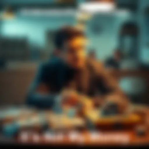 A person sitting at a table counting cash, looking thoughtful about financial accountability
