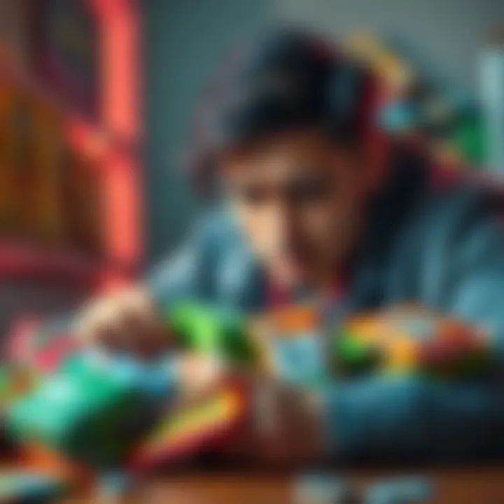 A person looking frustrated while surrounded by $5 packs and parcels, counting them on a table