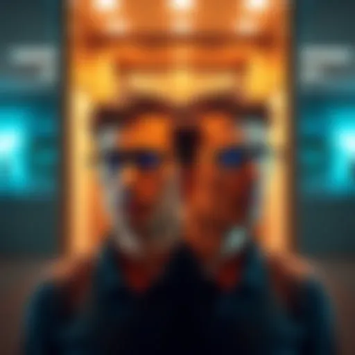 A person stands in front of a mirror, one side wearing glasses and the other without, contemplating their look.