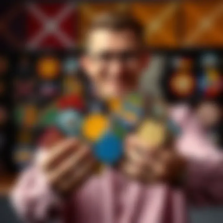 A person proudly displays a collection of colorful badges from various states, showcasing their excitement over the unique finds.