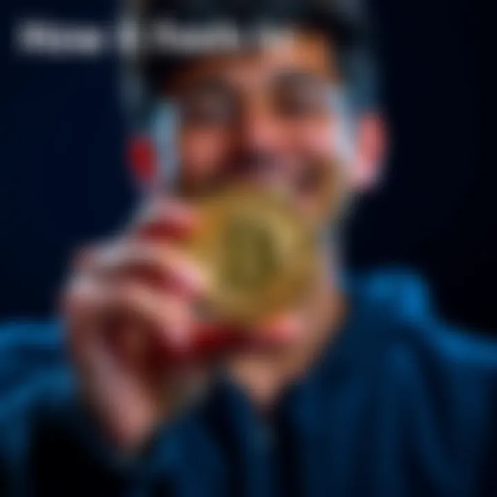 A person smiling and holding a golden Bitcoin in their hand, reflecting pride and satisfaction from ownership.