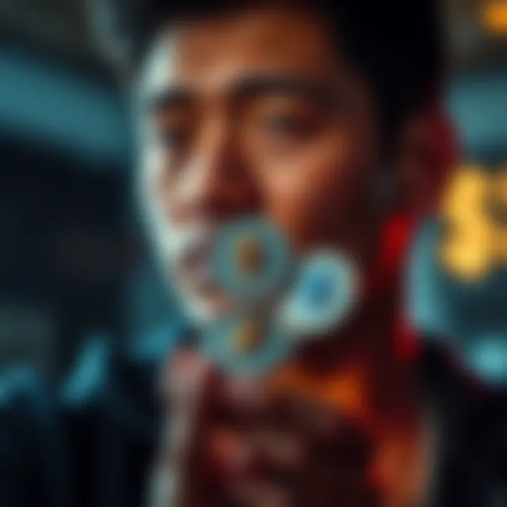A person with a thoughtful expression holding Ethereum coins in one hand, symbolizing the emotional and financial aspects of owning Ethereum.