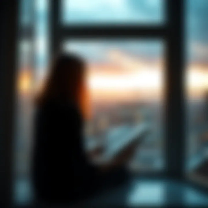 Person holding a journal with a calming view Individual sitting by a window with a journal, looking peaceful and reflective, symbolizing hope and stability in bipolar disorder