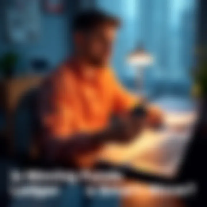 A person sits at a desk with a Ledger device in hand, looking thoughtful about transferring funds, with a laptop and notes visible around them.