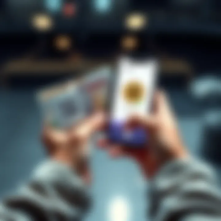 Person holding a paper wallet and smartphone A person is holding a paper wallet with a QR code and a smartphone displaying a Bitcoin app.