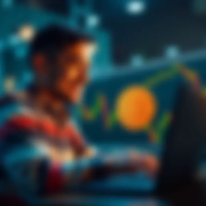Individual smiling while looking at Bitcoin charts on a laptop, symbolizing a shift from traditional investments to crypto.