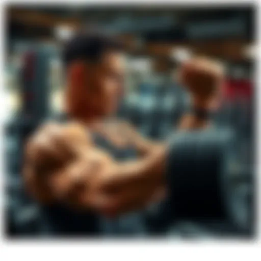 A determined person lifts weights in a gym, showing signs of fatigue while maintaining focus.