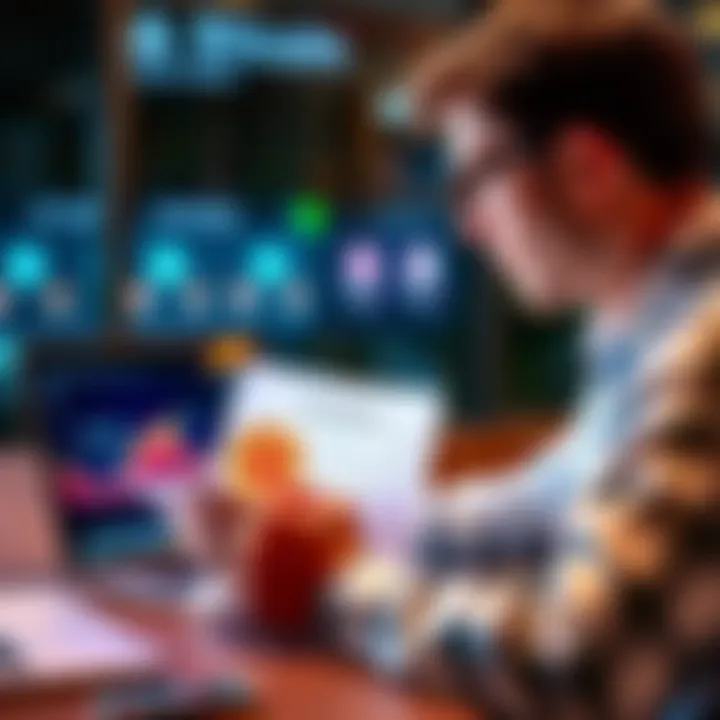 A person looking at a laptop with Bitcoin graphics while holding a loan document