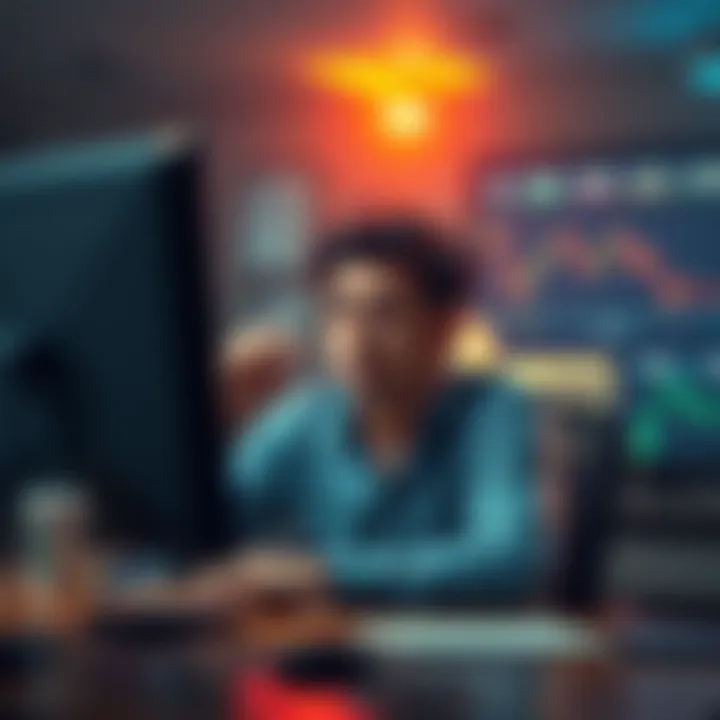 Person looking at a screen confused A person sitting at a desk, staring at a computer screen with a puzzled expression, indicating a lost portfolio issue