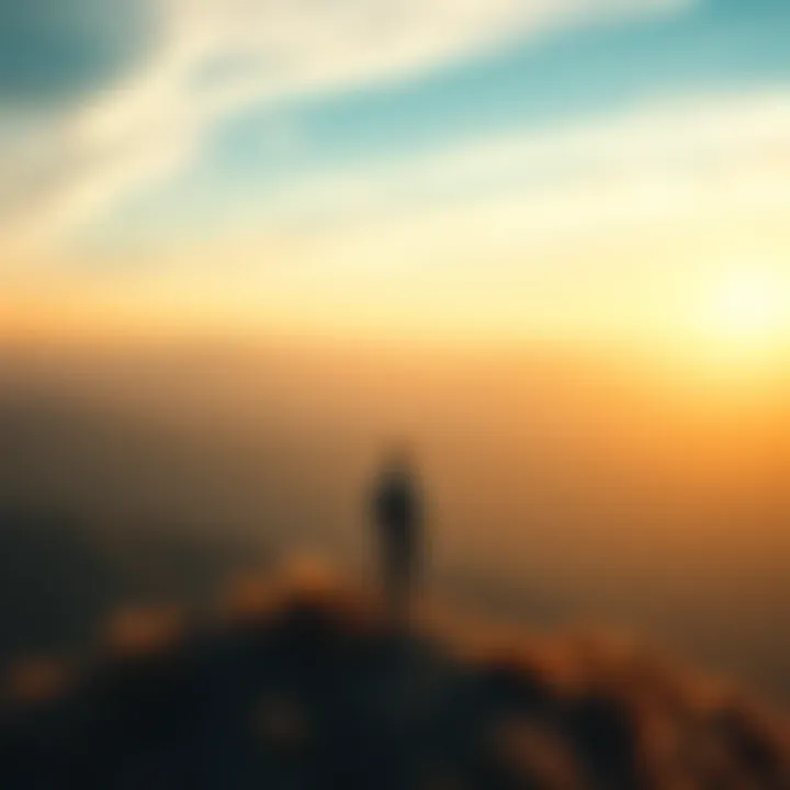 A person standing on a hill, gazing at a wide landscape with mountains and sky, symbolizing a broader perspective on life.