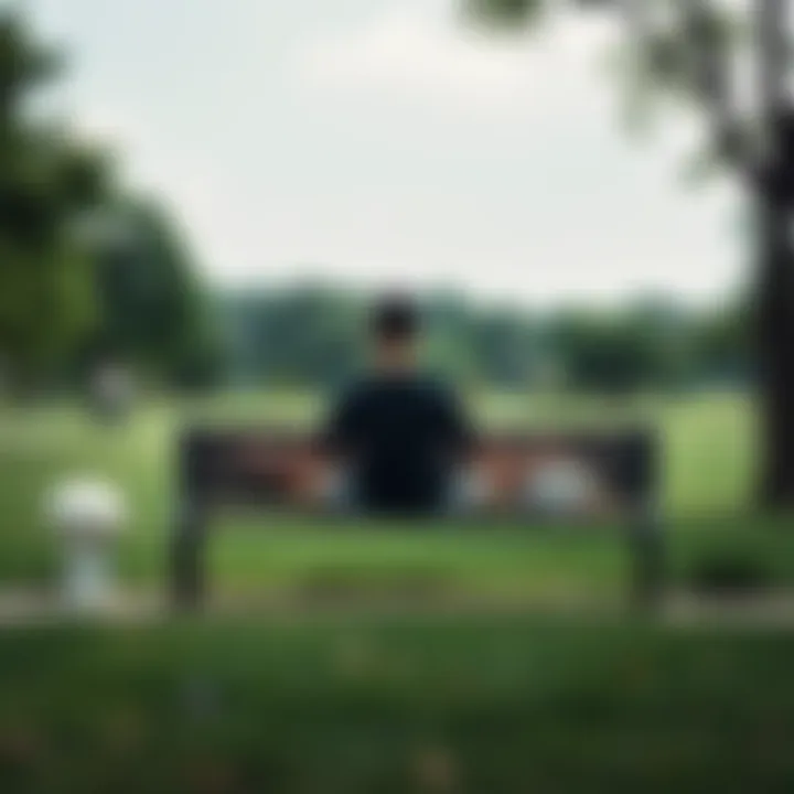 A person sitting cross-legged on a bench in a green park, practicing meditation to escape noise and distractions around them.