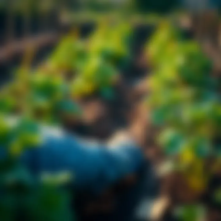 Person planting vegetables in a garden A person kneeling in a garden, planting vegetable seeds while surrounded by green plants, reflecting a calming outdoor activity during a stressful time.
