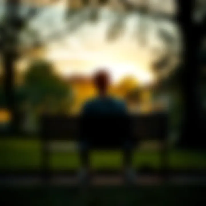 A person sitting on a park bench looking thoughtful, surrounded by trees and a soft sunset, capturing a moment of introspection