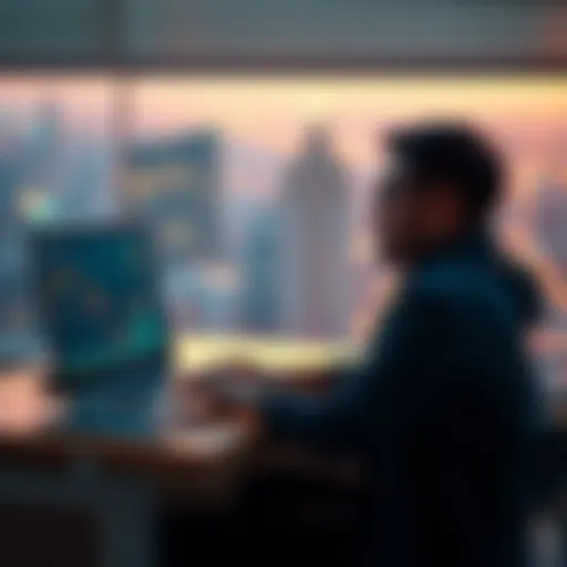 Individual sitting at a desk, looking thoughtfully at a laptop displaying crypto charts, symbolizing contemplation of leaving the crypto market.
