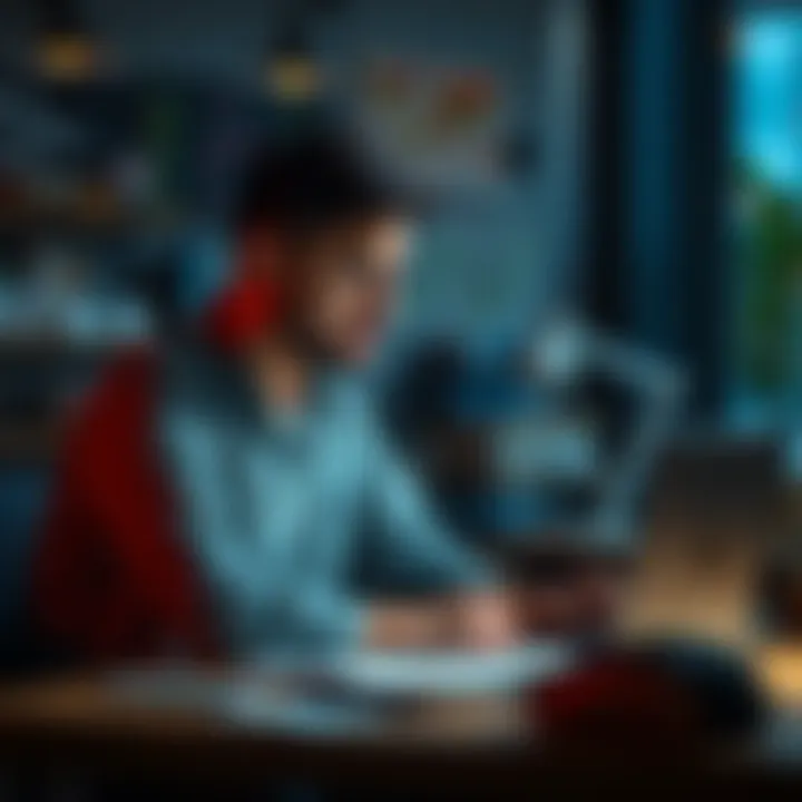 Individual sitting at a desk with a laptop, looking concerned while examining prediction market data and notes