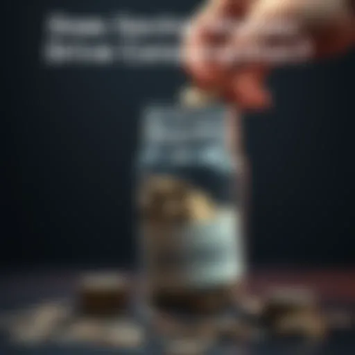 A person putting coins into a jar labeled savings, symbolizing the act of saving money and its impact on spending habits