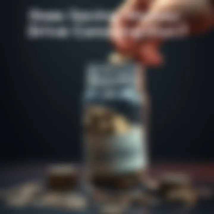 A person putting coins into a jar labeled savings, symbolizing the act of saving money and its impact on spending habits