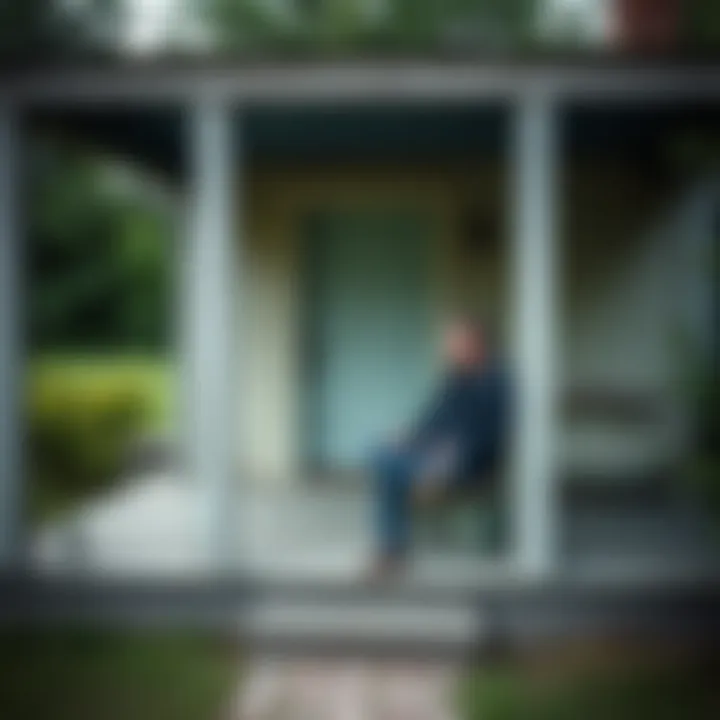 Person sitting on a porch in rural Kentucky A 37-year-old individual sits on a weathered porch in Gracey, Kentucky, looking contemplative, surrounded by greenery and a sense of isolation.