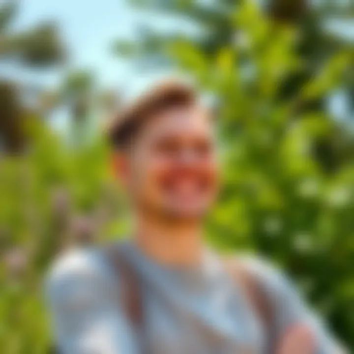 A person enjoying sunny weather with a bright smile, surrounded by greenery, symbolizing uplifted spirits and positive outlook