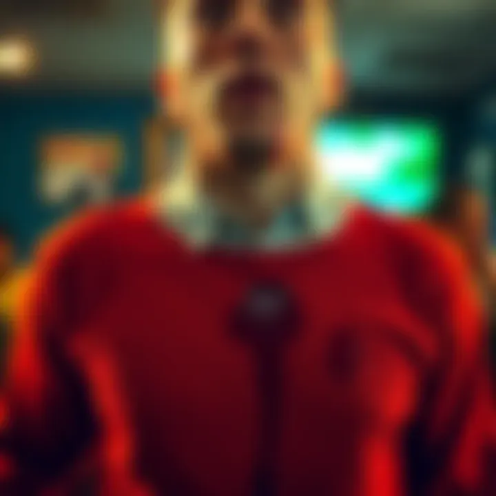 A close-up of a person looking surprised, with visible vomit stains on their sweater in a casual setting.