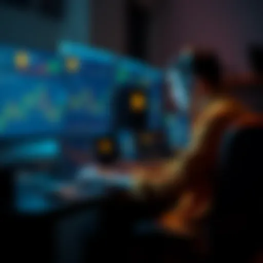 A person sitting at a desk with a laptop, looking at cryptocurrency charts and using software to hide their activities, representing the theft of Bitcoin.