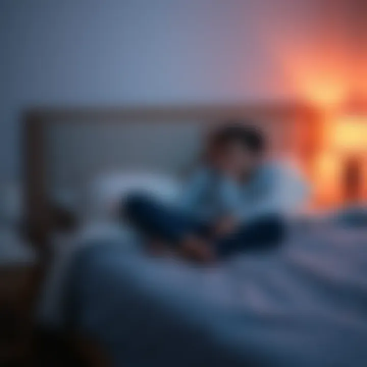 A tired individual sitting on the edge of their bed, looking stressed and fatigued after a long workday.