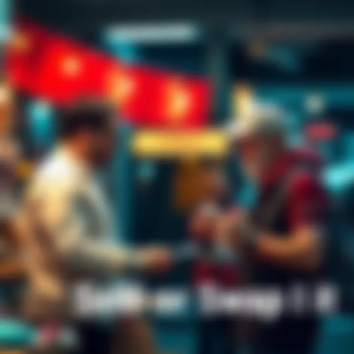 A person exchanging items with another individual, showing a friendly transaction atmosphere