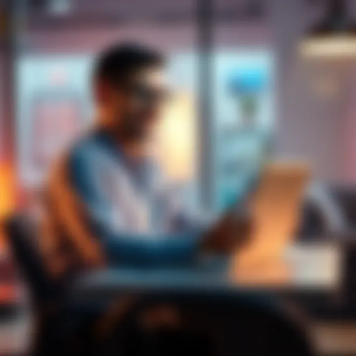 A person sitting at a desk with a laptop, engaging in an online survey, looking satisfied with their work