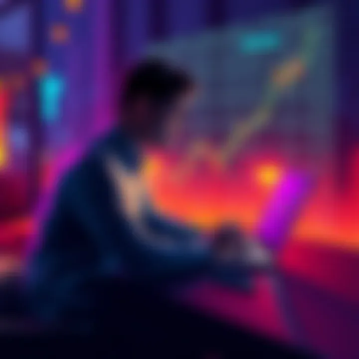 A person sitting at a table with a laptop, looking thoughtfully at a cryptocurrency chart, representing the emotional aspect of trading XRP and Bitcoin.