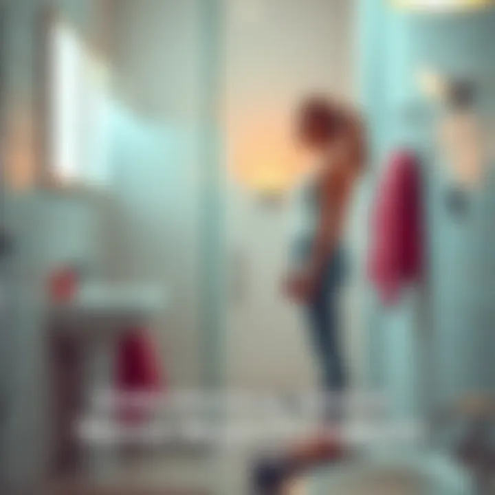 Person weighing themselves on a scale Individual standing on a bathroom scale, looking at the weight display, with a thoughtful expression, surrounded by a bright bathroom setting.