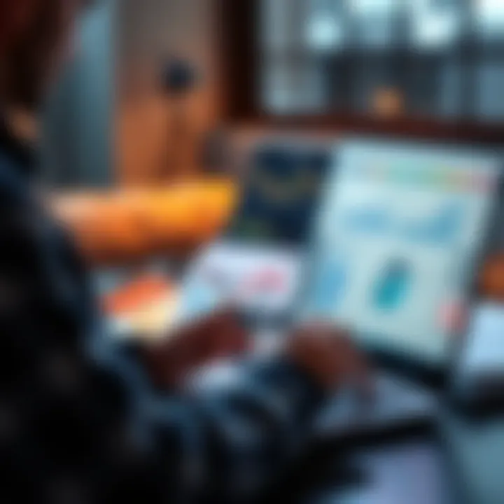 A person studying graphs and charts on a laptop, focusing on strategies to reach the target of 440.